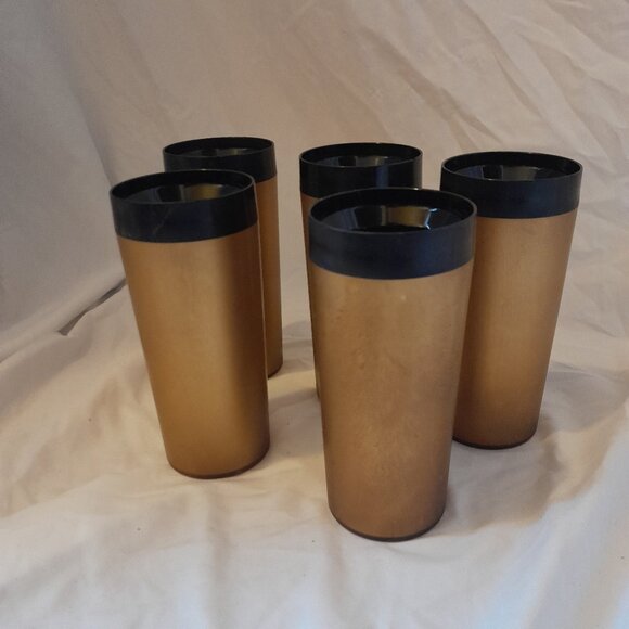 RARE Vintage Retro 1950's Insulated Plastic Tumblers Gold Black Set of 5 - Picture 2 of 6